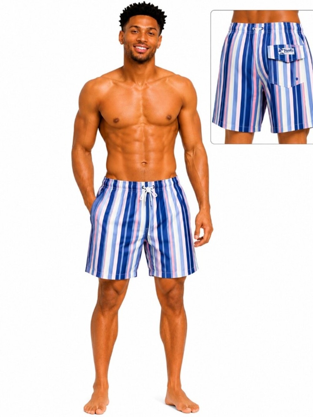 TRUNKS SURF & SWIM Men's Blue Multi-Stripe Swim Board Shorts with Drawstring XL